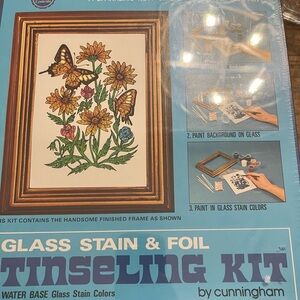 Vintage NIP glass stain and foil tinselling kit by Cunningham craft kit 1960s